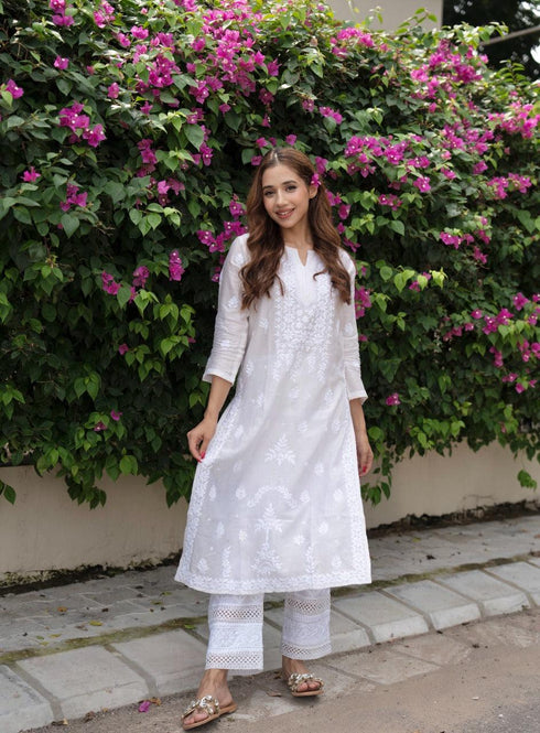 Ria Malhotra in Hand Embroidery Chikankari Long Kurti for Women In Chanderi Silk White-6